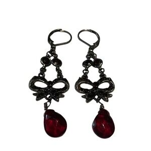 Dangle Earrings Red‎ Teardrop Bow Leverback Costume Jewelry